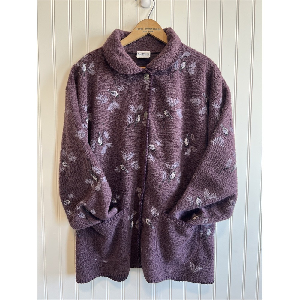 Vtg Artisans Sunschein Designs USA Button Up Cardigan Bird Design Size L Purple